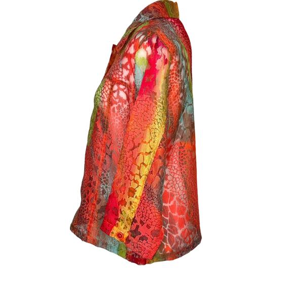 Toni Morgan Bright Giraffe Print Sheer Burn Out 3/4 Sleeve Button Up Blouse LGE - Picture 6 of 10